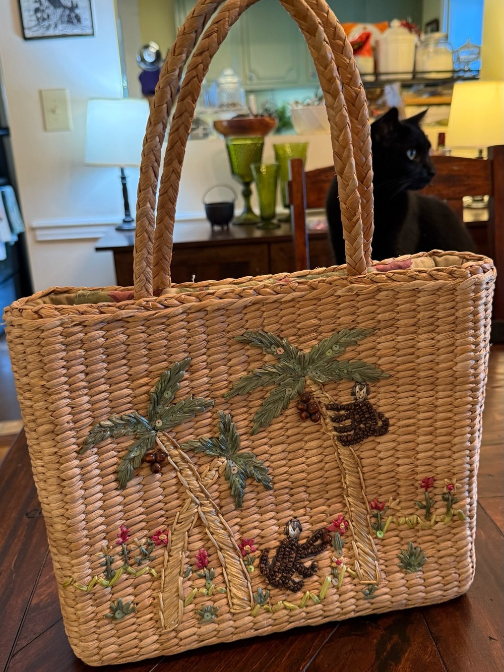 Capelli of New York Natural Straw Tote with Embroidered Palm Trees